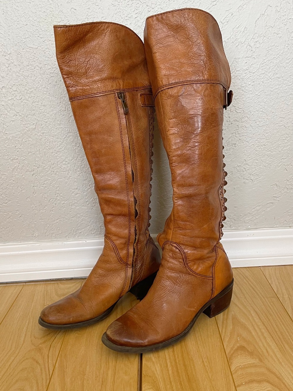 Vince Camuto Tall Metal Stud Back Leather Boots - Cognac